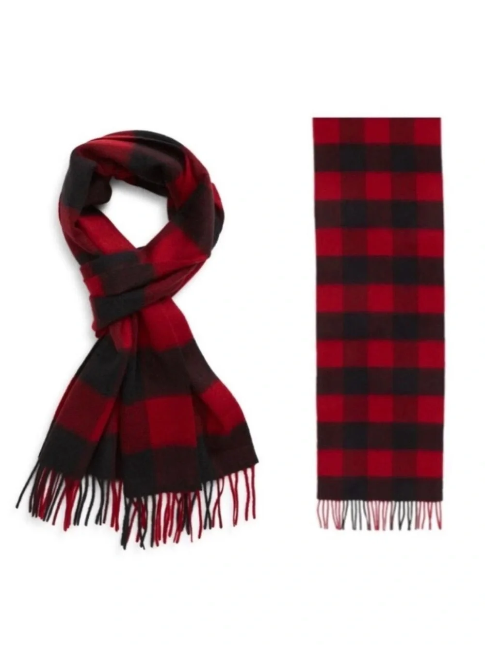 100% Cashmere Men's Red and Black Plaid Fringe Scarf